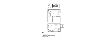 A floor plan for a two bedroom, one bath bi-level apartment.