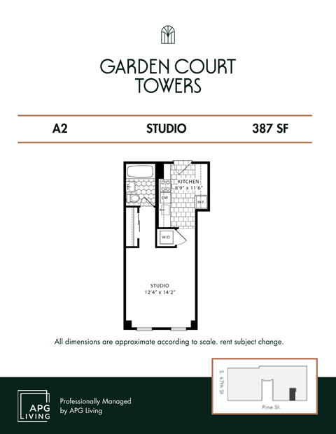 the floor plan of garden court towers studio apt