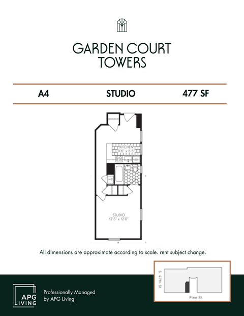 a floor plan of garden court towers studio apt