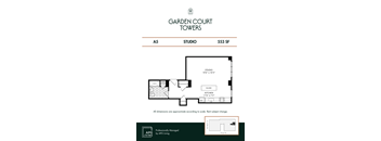 Studio floor plan with kitchen island layout at Garden Court Towers Apartments, Philadelphia, 19143