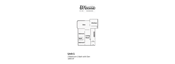 A floor plan for a 2 Bedroom 1 Bath unit with a den.