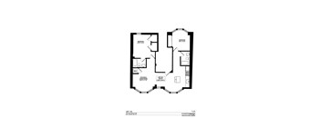 A black and white floor plan of a small apartment with two bedrooms and a kitchen.
