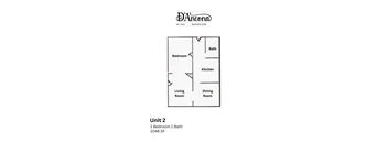A floor plan of a one bedroom apartment with a bathroom, living room, and kitchen.