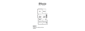 A floor plan for a 2 bedroom apartment with a den and a dining room.