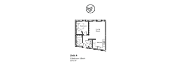 A floor plan for a Graffiti Lofts apartment with one bedroom and one bath.