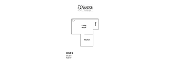A diagram of a floor plan for a studio apartment with a living room, kitchen, and bathroom.