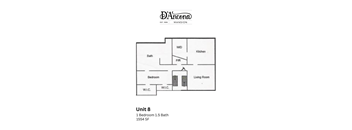A floor plan for a one bedroom apartment with 1.5 baths.