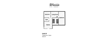 A drawing of a floor plan for a 2 Bedroom 1 Bath apartment in the DA'acena Mansion.
