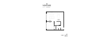 A black and white image of a floor plan for a 1-bedroom, 1-bathroom apartment.