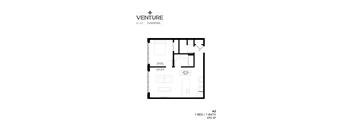 A black and white image of a floor plan for a 1-bedroom, 1-bathroom apartment.