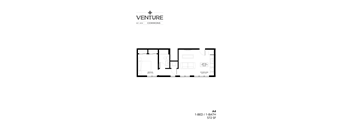 A black and white image of a floor plan for a 1-bedroom, 1-bathroom apartment.
