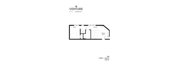 A black and white image of a floor plan for a 1-bedroom, 1-bathroom apartment.
