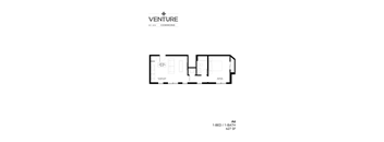 A black and white image of a floor plan for a 1-bedroom, 1-bathroom apartment.