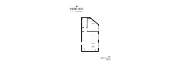 A black and white image of a floor plan for a 1-bedroom, 1-bathroom apartment.