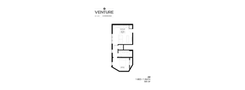 A black and white image of a floor plan for a 1-bedroom, 1-bathroom apartment.