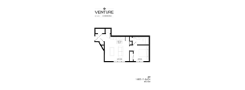 A black and white image of a floor plan for a 1-bedroom, 1-bathroom apartment.