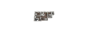 A 3D floor plan of a house with two bedrooms, two bathrooms, a living room, and a kitchen.