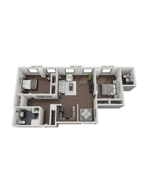 A 3D floor plan of a house with two bedrooms, two bathrooms, a living room, and a kitchen.