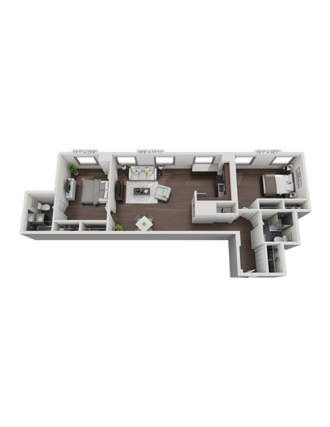 A 3D layout of a house with various rooms and furniture.