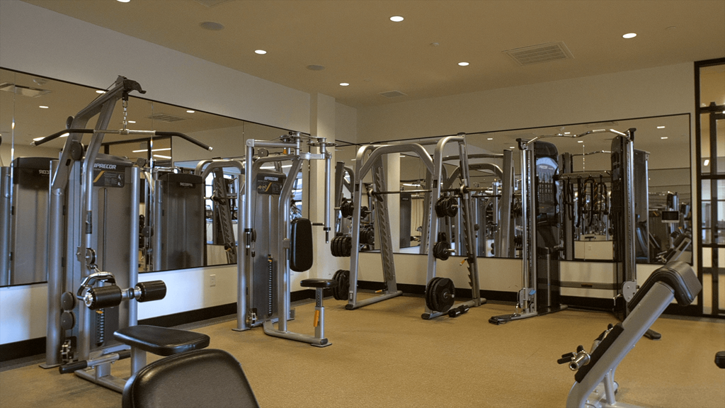 A gym with a variety of equipment including treadmills, weights, and exercise machines.
