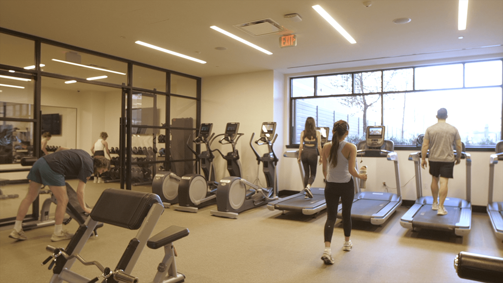 A group of people are exercising in a gym.