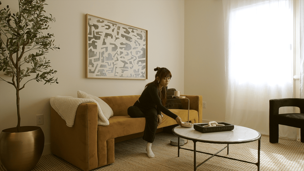 A woman is sitting on a couch in a living room with a painting on the wall behind her.