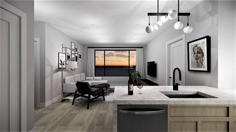 A modern kitchen with a dining table and chairs.