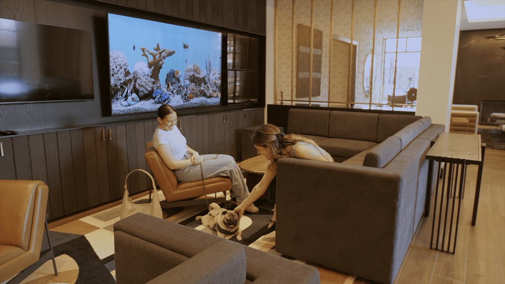 Two people sitting in a room with a large screen on the wall.