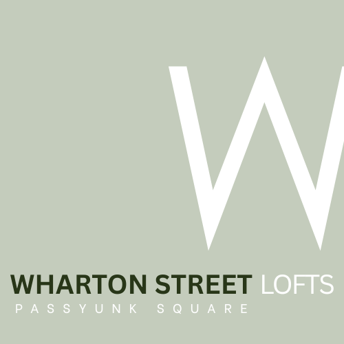A logo with the text "Wharton Street Lofts Passyunk Square" in front of a green background.