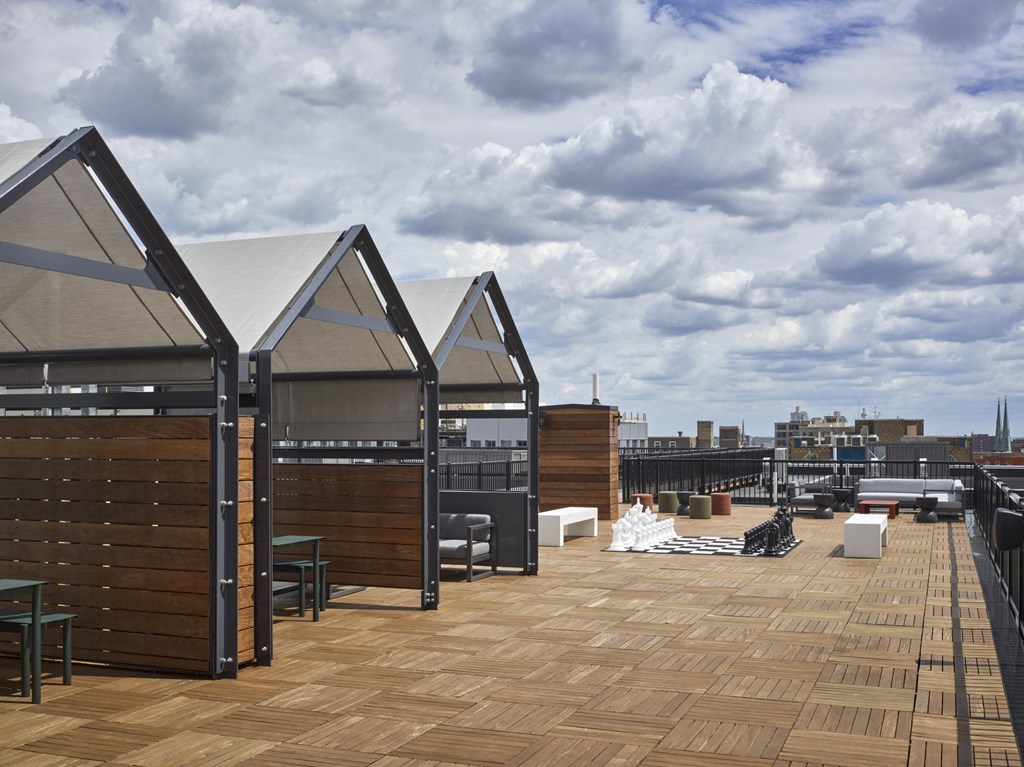 the roof terrace of the building has a view of the city