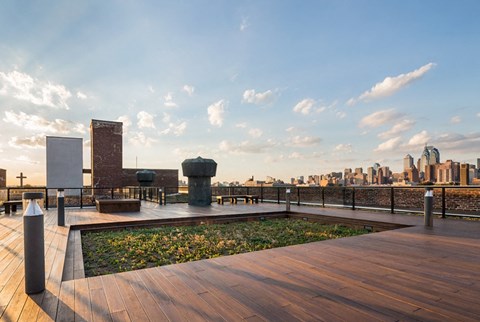 a rooftop garden with a city skyline in the background