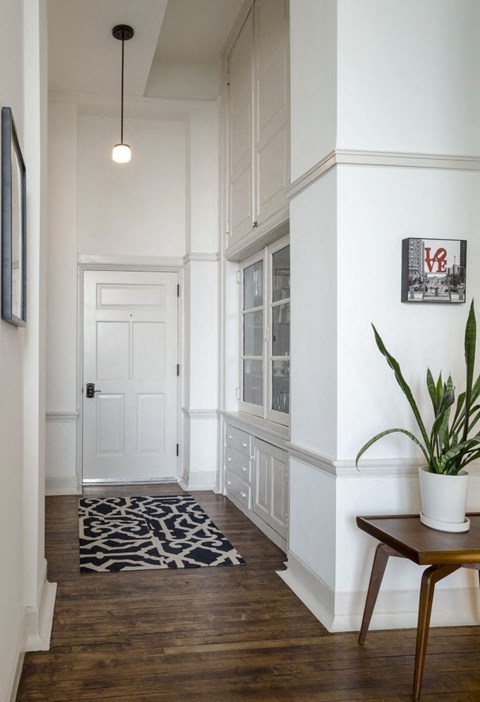 a hallway with white walls and a white door and a potted plant