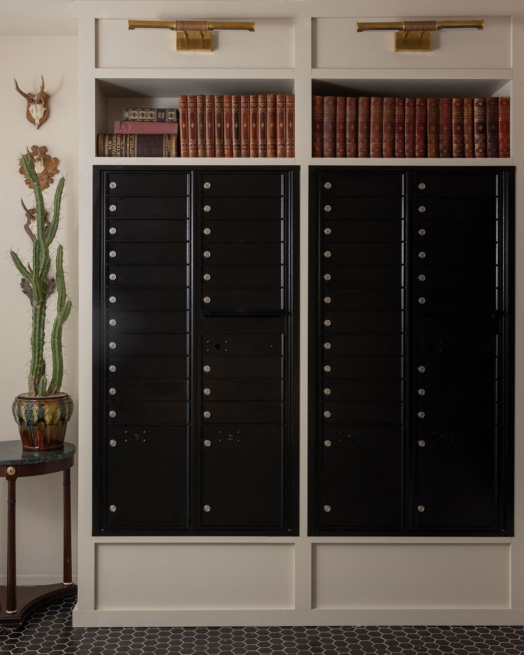 A tall black cabinet with a cactus in a pot at The PARKER on E Mulberry Apartments, San Antonio, TX
