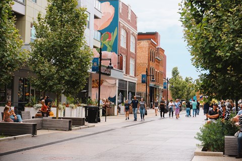 A street scene with people walking and sitting on benches.