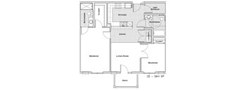 A floor plan of a house with two bedrooms, a living room, a dining room, a kitchen, a bathroom, a closet, and a unit storage area.
