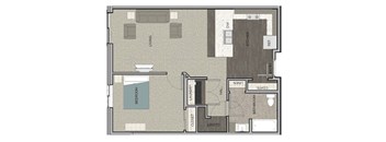 A floor plan of a house with a living room, bedroom, bathroom, laundry, and kitchen.