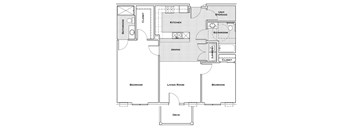 A floor plan of a house with a kitchen, dining room, living room, two bedrooms, a bathroom, a closet, and a deck.