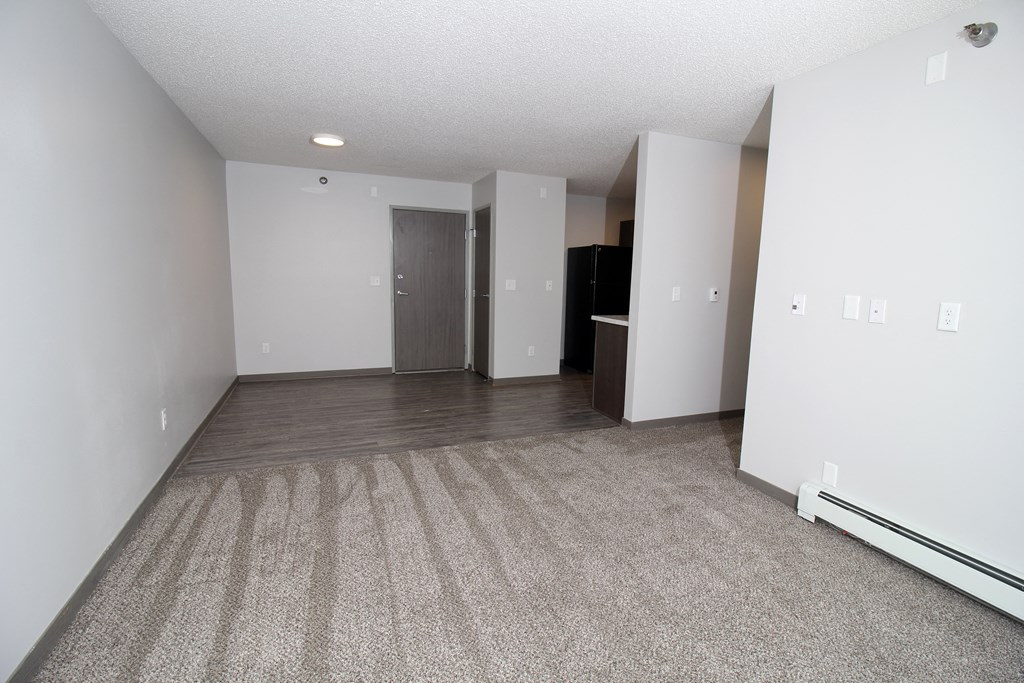 an empty living room with a carpeted floor and white walls