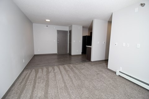 an empty living room with a carpeted floor and white walls