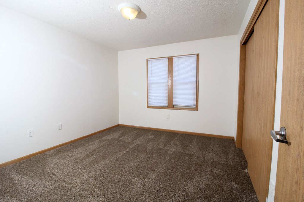 a bedroom with a carpeted floor and a window