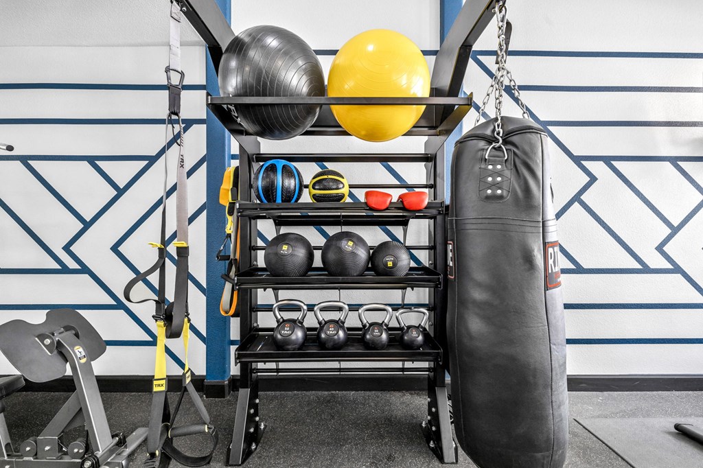 a boxing bag and other equipment on a rack in a gym  at Urban Crest Apartments, San Antonio, 78209