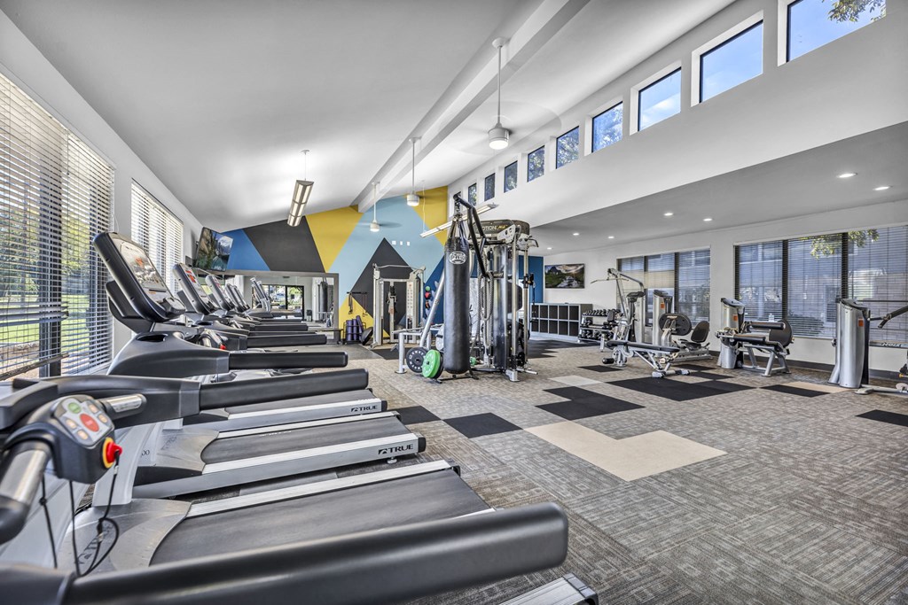 a gym with cardio equipment and weights in a building with windows  at Sunset Ridge, San Antonio, TX, 78209