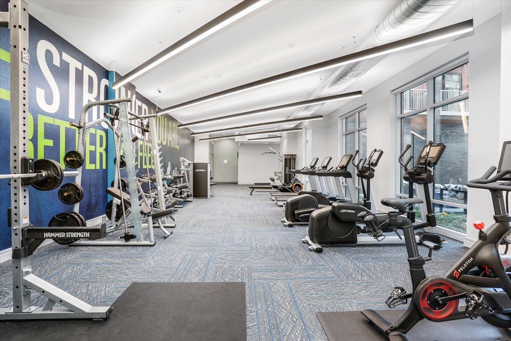 a gym with weights and cardio machines on the floor and a large wall of windows at Beekman on Broadway, Ann Arbor