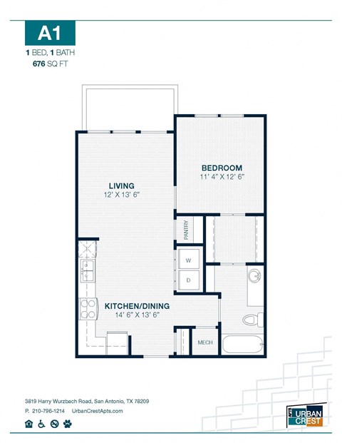 1 bed 1 bath A1 Floor Plan at Urban Crest Apartments, San Antonio