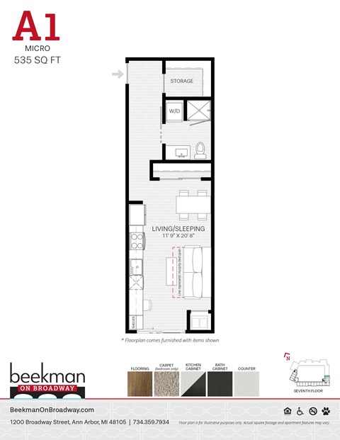 1 bed 1 bath A1 Floor Plan at Beekman on Broadway, Ann Arbor