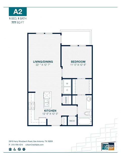 1 bed 1 bath A2 Floor Plan at Urban Crest Apartments, Texas