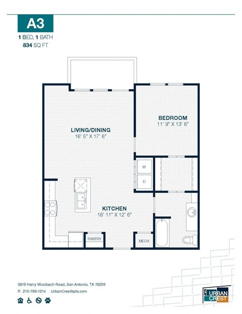 1 bed 1 bath A3 Floor Plan at Urban Crest Apartments, San Antonio, 78209