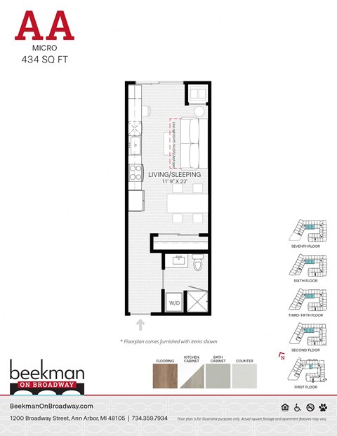 2 bed 1 bath AA Floor Plan at Beekman on Broadway, Michigan