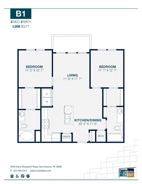 2 bed 2 bath B1 Floor Plan at Urban Crest Apartments, San Antonio, TX, 78209