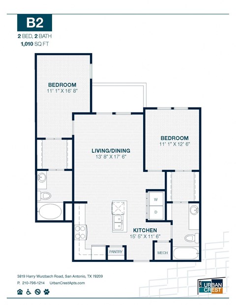 2 bed 2 bath B2 Floor Plan at Urban Crest Apartments, San Antonio, TX